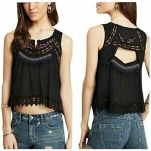 Free People Black Sleeveless Crochet Trim Boho Top